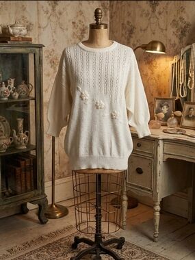 Vintage Perspective Classic Classique Cream Floral Knit Sweater Size L Soft
